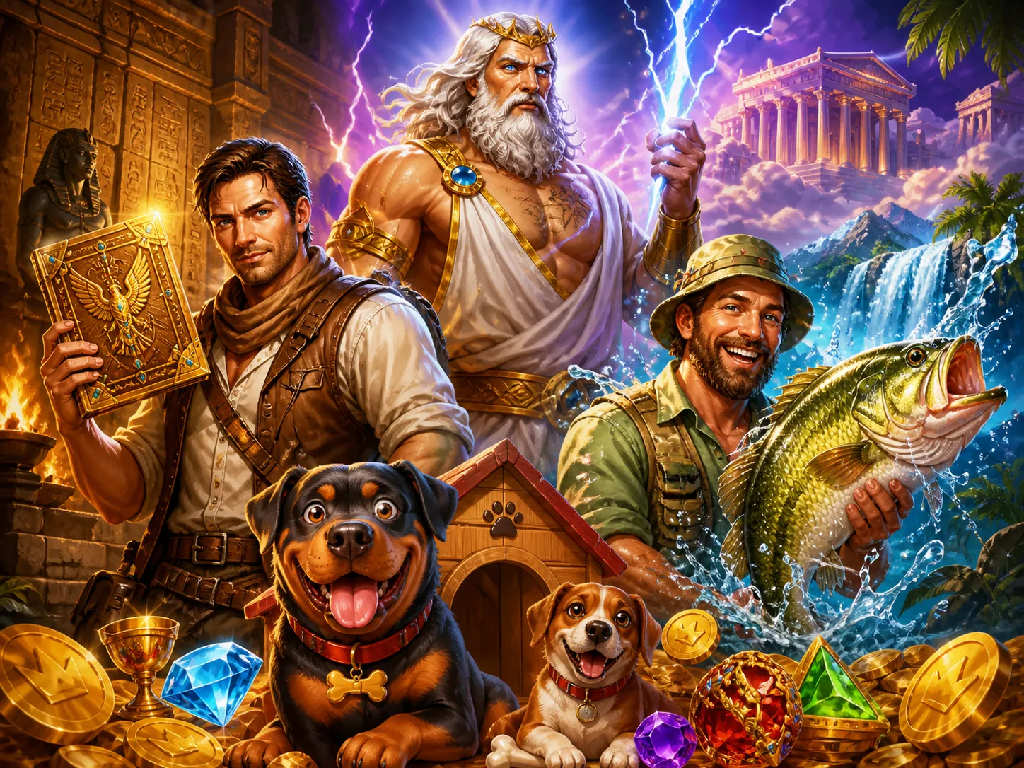 Dynamic slot game artwork featuring a mythological god, fisherman, and colorful candy realm.